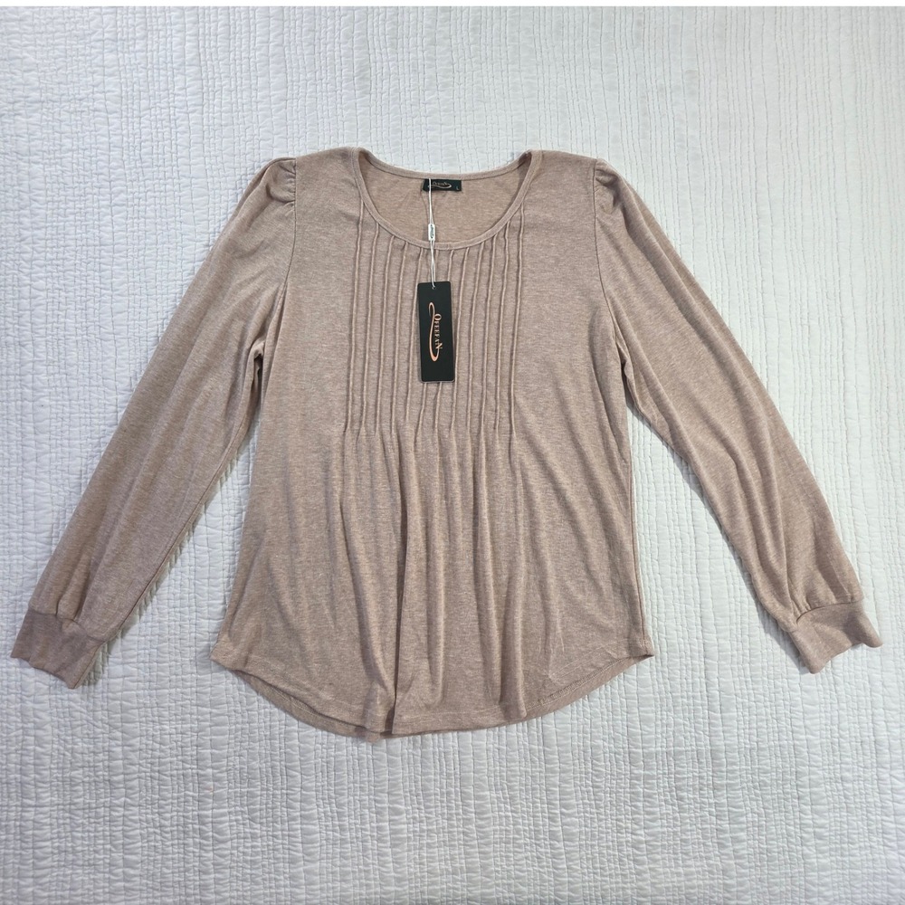 Ofeefan Pintuck Pleated Long Sleeve Blouse Tan Women Large New With Tags